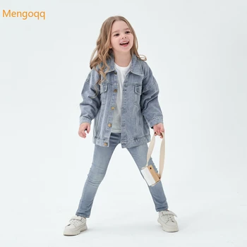 модно однобортное джинсовое палто с дълги ръкави и шарките смайлика от картун за момичета, яке за деца, дрехи за малките момичета от 0 до 6 години